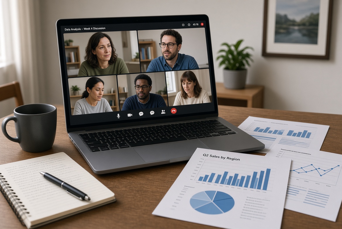Laptop showing a live online discussion session about data analysis with printed charts and notes on the desk